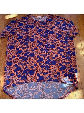 LulaRoe Irma Women's T Shirt Blue & Orange Floral Hi Lo Top Size S